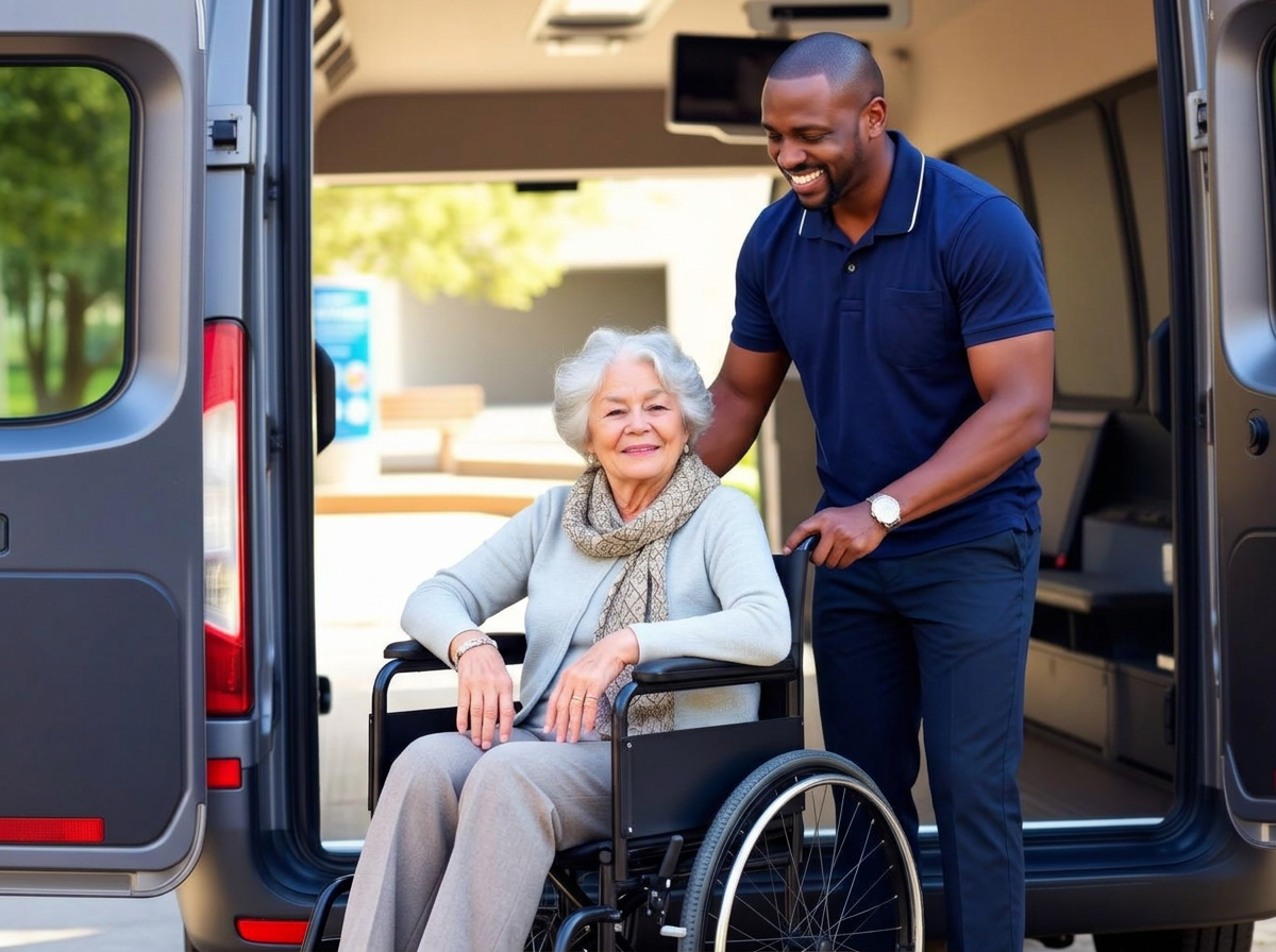 A caregiver assisting a senior patient down an accessible van ramp at a medical center