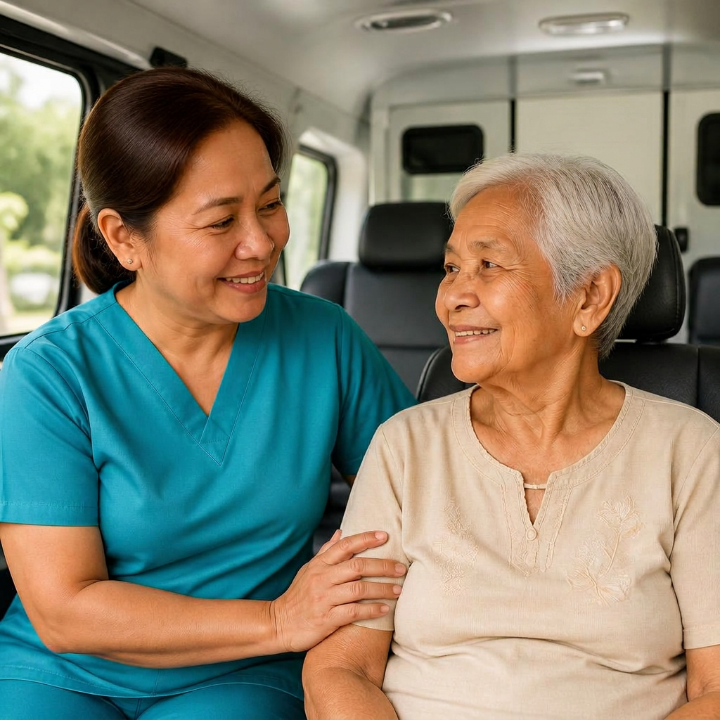 Caregiver in scrubs helping an elderly patient into a non-emergency medical transport van