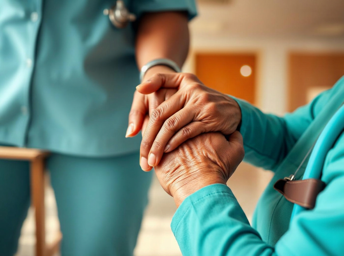 Two healthcare professionals in business attire discussing patient care
