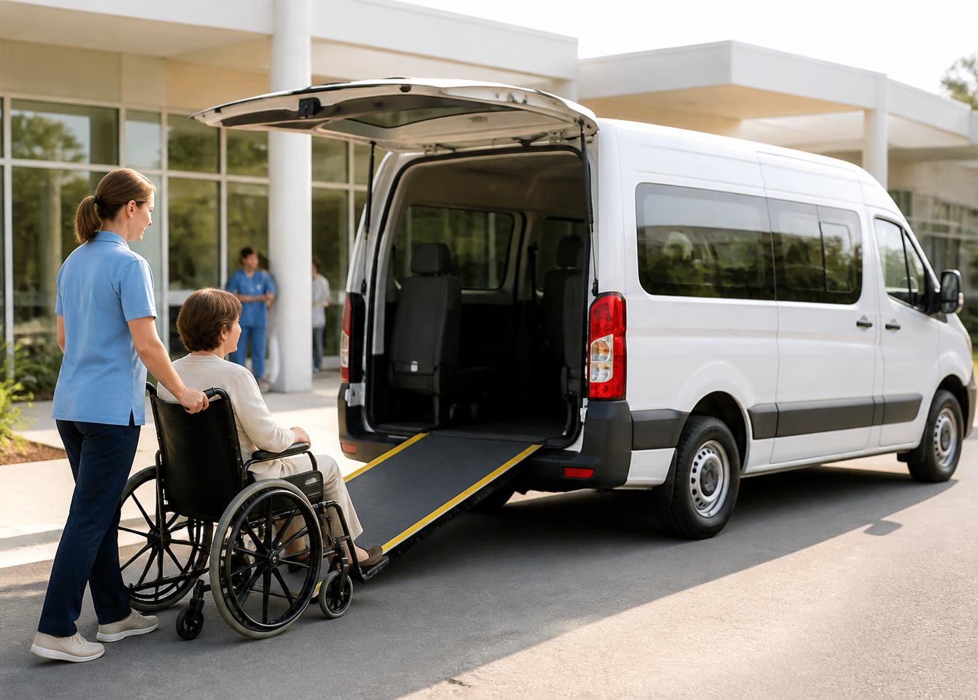 Modern wheelchair-accessible medical transport van at a clinic
